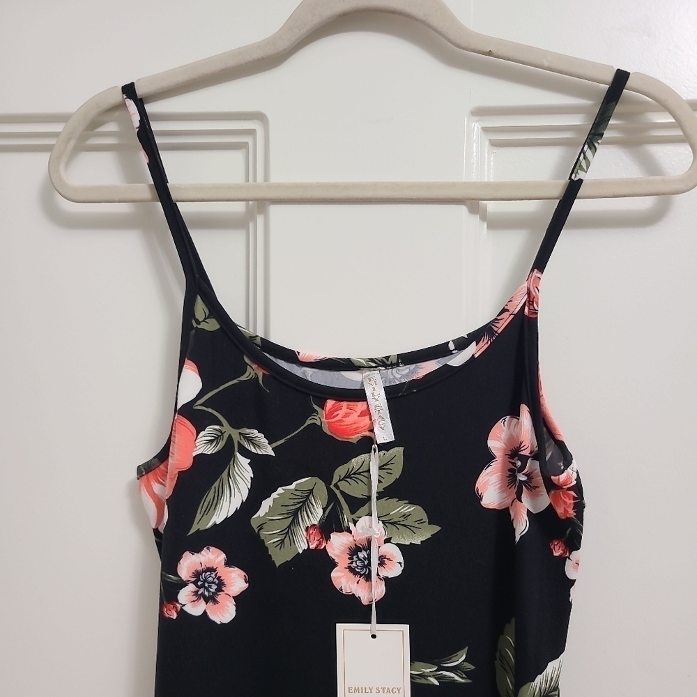 NEW Emily Stacy Women Black Floral Casual Spaghettis Strap Dress S. MSRP $50 - Picture 3 of 5